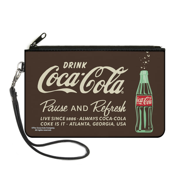 Buckle-Down Canvas Zipper Wallet - LARGE - DRINK COCA-COLA PAUSE AND REFRESH Bottle Brown/White