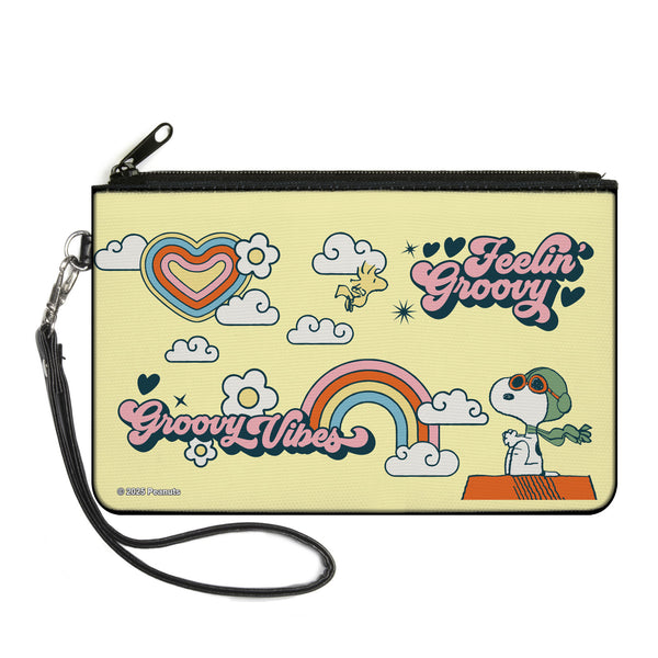 Buckle-Down Canvas Zipper Wallet - LARGE - Peanuts Snoopy Flying Ace and Woodstock GROOVY Quotes Collage Yellow