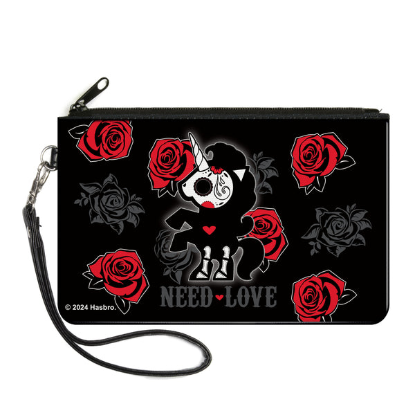 Buckle-Down Canvas Zipper Wallet - LARGE - Skelanimals Bonita the Unicorn NEED LOVE Pose Black/Gray/Red/White