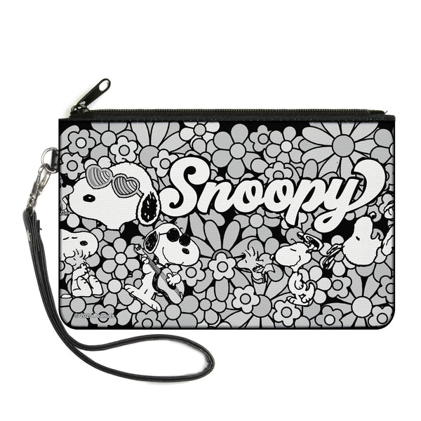 Buckle-Down Canvas Zipper Wallet - LARGE - Snoopy Poses and Daisy Flowers Collage Black/Grays/White