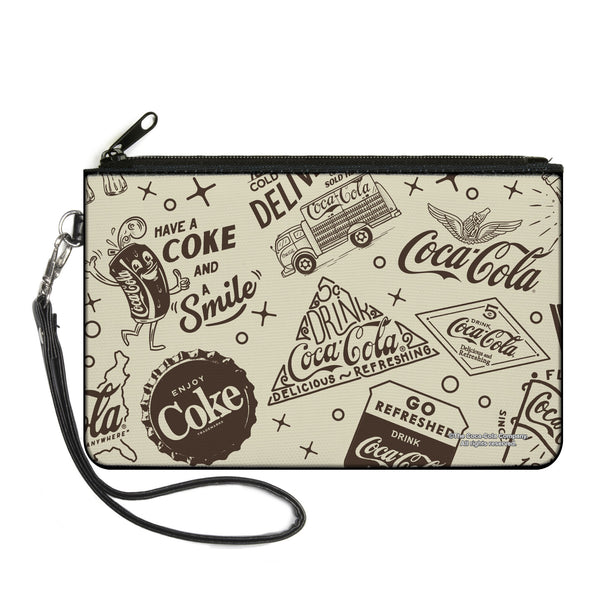 Buckle-Down Canvas Zipper Wallet - LARGE - Vintage Coca-Cola HAVE A COKE AND SMILE Icons Collage Beige/Brown