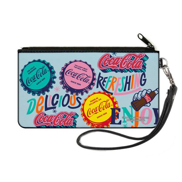 Buckle-Down Canvas Zipper Wallet - SMALL - COCA-COLA DELICIOUS REFRESHING Bottle Caps Light Blue/Multi Color