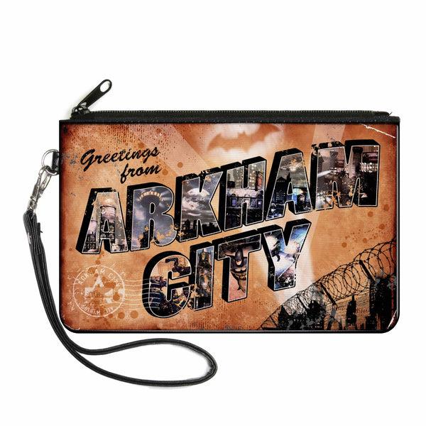 Buckle-Down Canvas Zipper Wallet - SMALL - GREETINGS FROM ARKHAM CITY Postcard Tans/City Scenes
