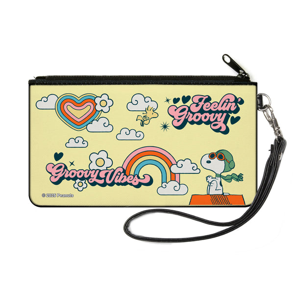 Buckle-Down Canvas Zipper Wallet - SMALL - Peanuts Snoopy Flying Ace and Woodstock GROOVY Quotes Collage Yellow