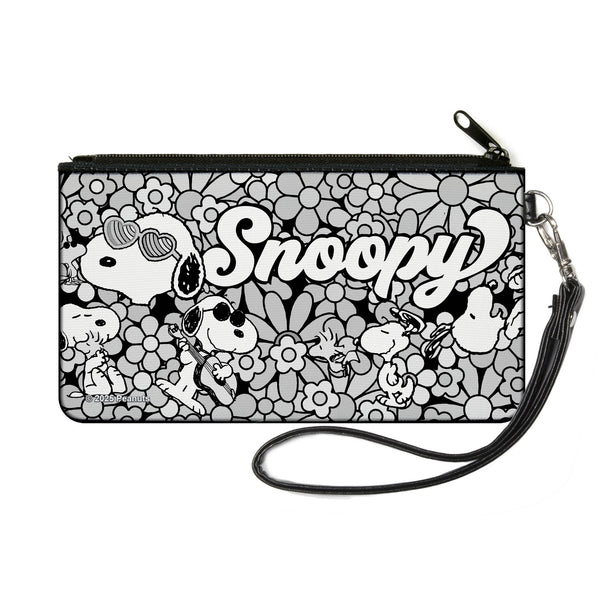 Buckle-Down Canvas Zipper Wallet - SMALL - Snoopy Poses and Daisy Flowers Collage Black/Grays/White