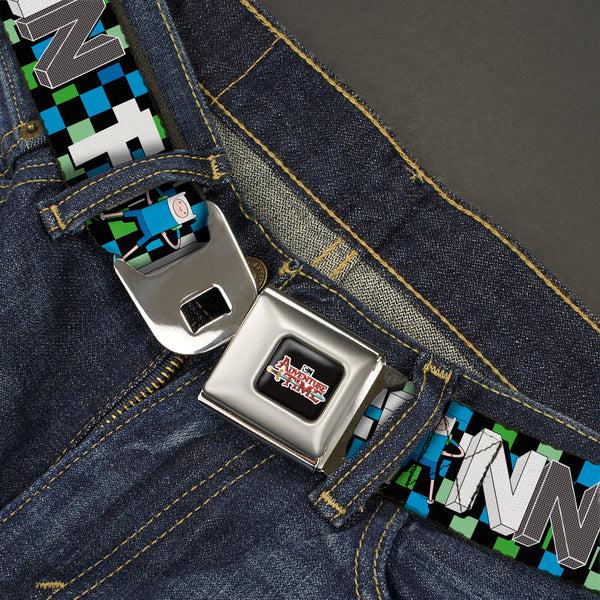 Buckle-Down Cartoon Network ADVENTURE TIME Title Logo Full Color Black Seatbelt Belt - Adventure Time FINN Block Letters Pose Checker Green/Blue/Black Webbing