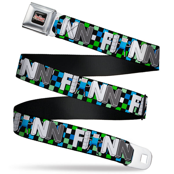 Buckle-Down Cartoon Network ADVENTURE TIME Title Logo Full Color Black Seatbelt Belt - Adventure Time FINN Block Letters Pose Checker Green/Blue/Black Webbing