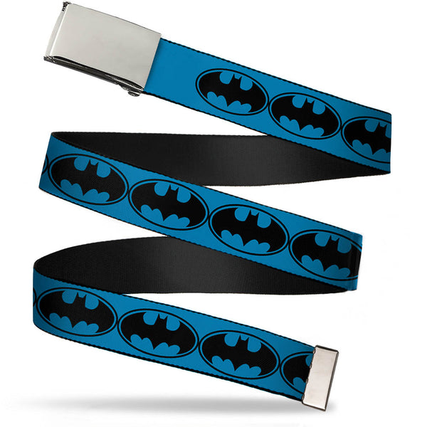 Buckle-Down Chrome Buckle Web Belt - Bat Signal-3 Blue/Black/Blue Webbing