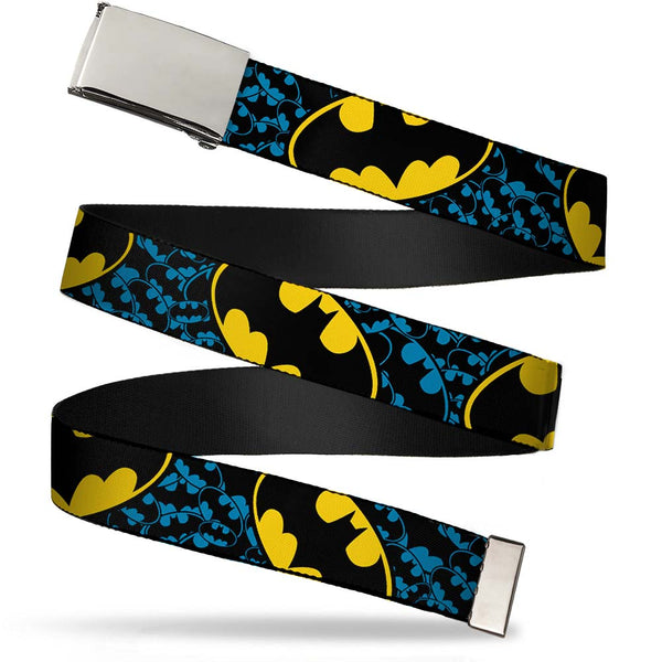 Buckle-Down Chrome Buckle Web Belt - Bat Signals Stacked w/CLOSE-UP Blue/Black/Yellow Webbing