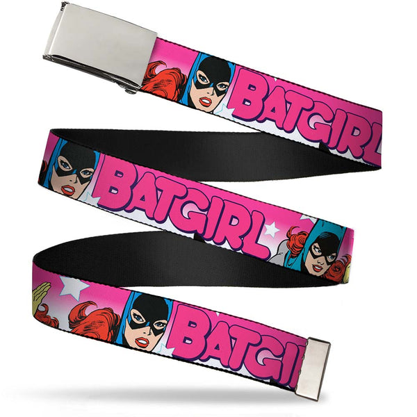 Buckle-Down Chrome Buckle Web Belt - BATGIRL Bubble Letters w/Stars Pink/White Webbing