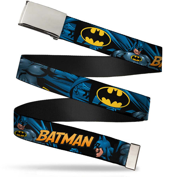 Buckle-Down Chrome Buckle Web Belt - BATMAN Action Poses/Bat Signal Black Webbing