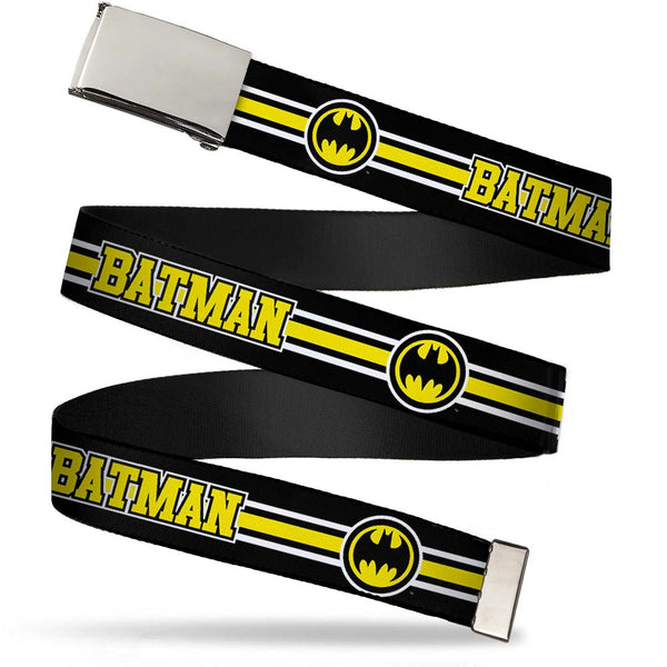 Buckle-Down Chrome Buckle Web Belt - BATMAN/Bat Signal Triple Stripe Black/White/Yellow Webbing