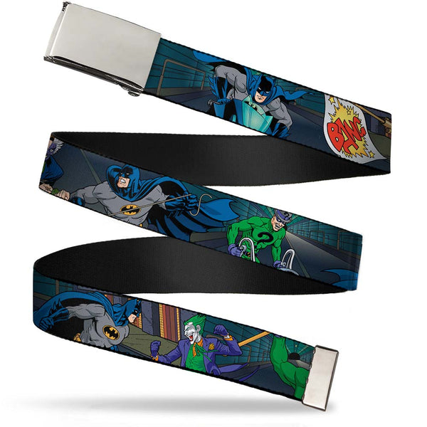 Buckle-Down Chrome Buckle Web Belt - Batman Battling Villains in Tunnel Webbing