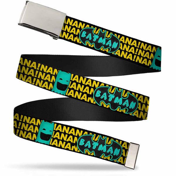 Buckle-Down Chrome Buckle Web Belt - Batman Face & Logo Sketch/NANANA Black/Yellow/Aqua Webbing