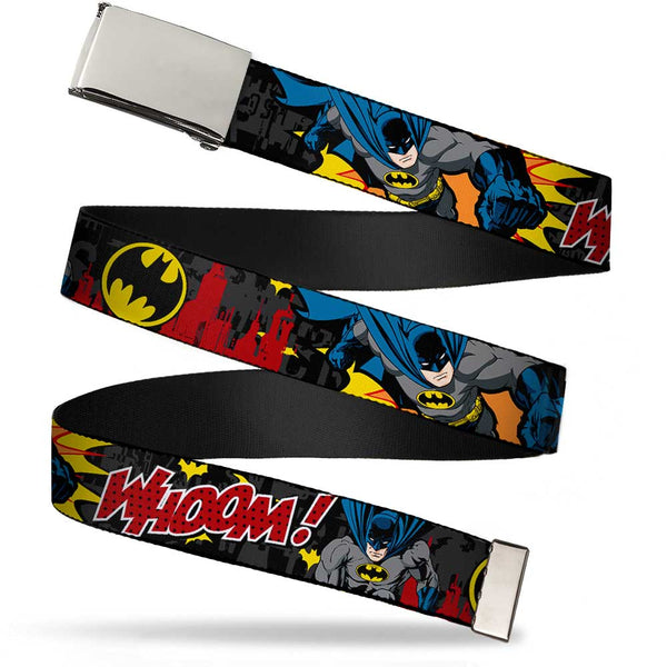 Buckle-Down Chrome Buckle Web Belt - Batman in Action WHOOM Red Skyline Webbing