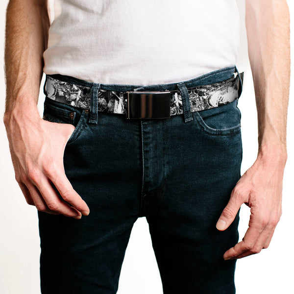 Buckle-Down Chrome Buckle Web Belt - Batman Poses & Bat Shield Sketch White/Black Webbing