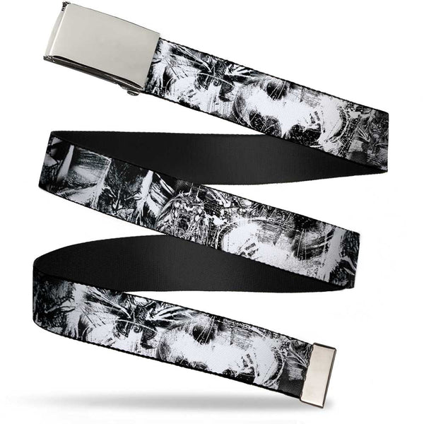 Buckle-Down Chrome Buckle Web Belt - Batman Poses & Bat Shield Sketch White/Black Webbing
