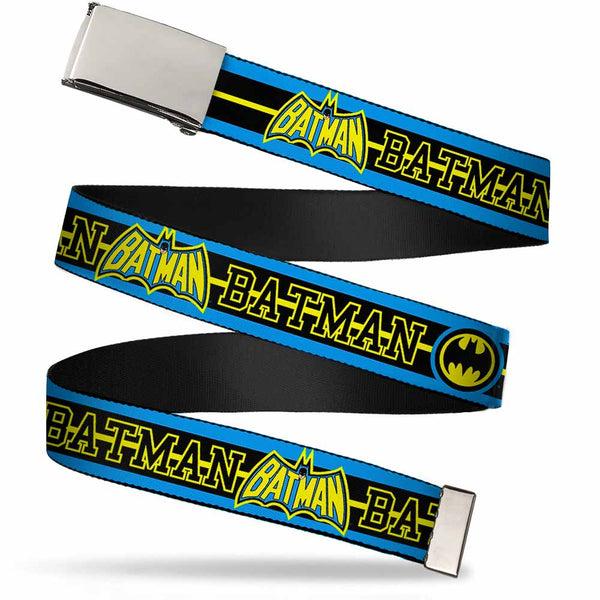 Buckle-Down Chrome Buckle Web Belt - BATMAN/Retro Logos Stripe Blue/Black/Yellow Webbing