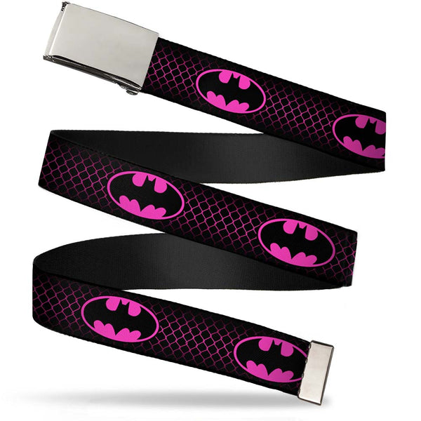 Buckle-Down Chrome Buckle Web Belt - Batman Shield/Chainlink Black/Hot Pink Webbing