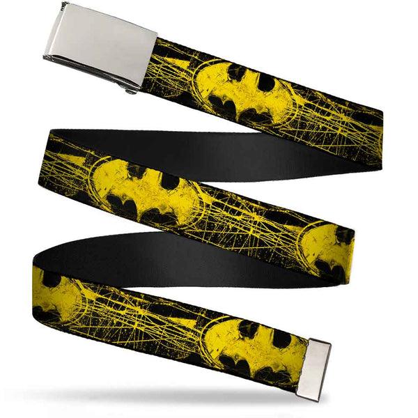 Buckle-Down Chrome Buckle Web Belt - Batman Shield CLOSE-UP Sketch Black/Yellow Webbing