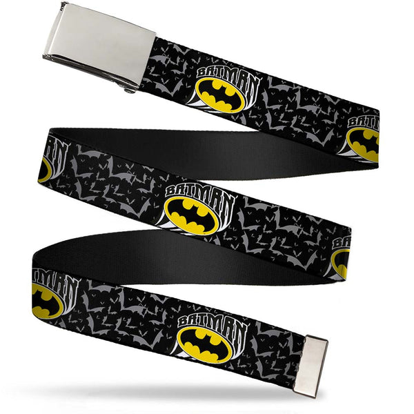 Buckle-Down Chrome Buckle Web Belt - BATMAN w/Bat Shield & Flying Bats Black/Gray Webbing