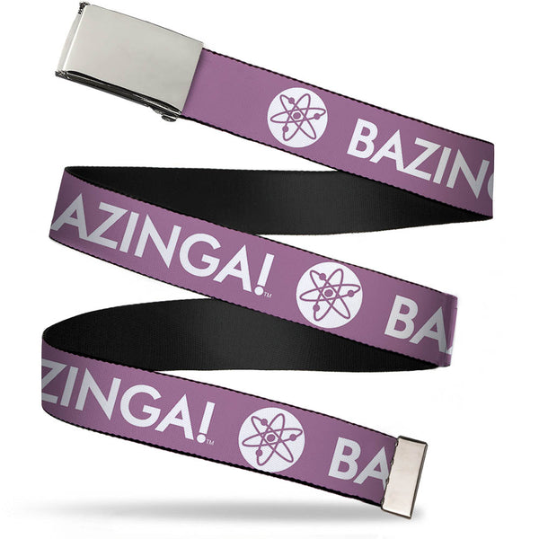 Buckle-Down Chrome Buckle Web Belt - BAZINGA Atom Logo Lavender/White Webbing