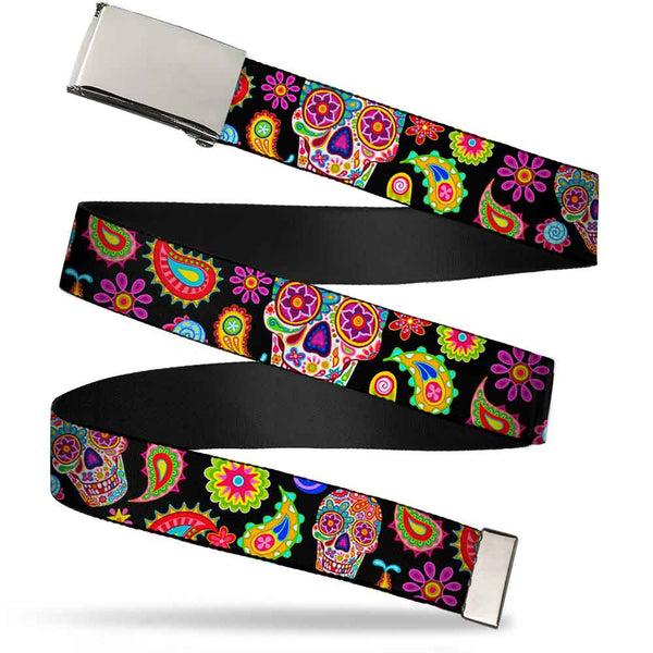 Buckle-Down Chrome Buckle Web Belt - Bobo Sugar Skull/Paisley Black/Multi Color Webbing