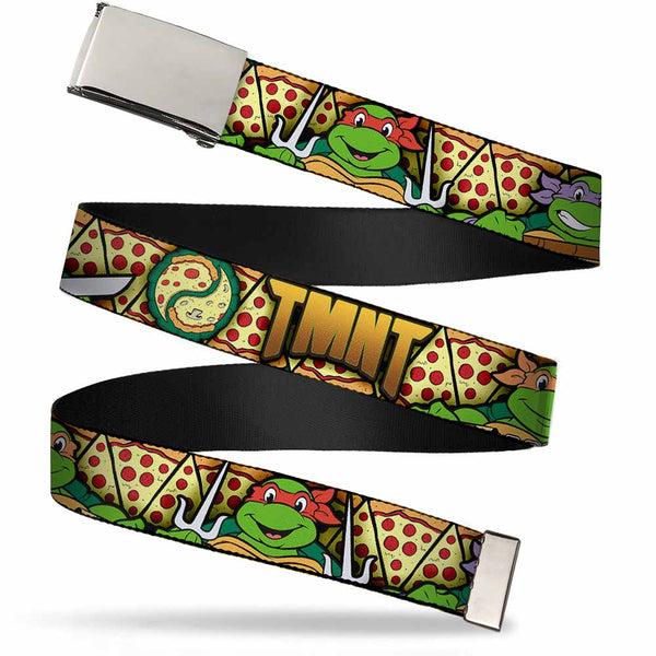 Buckle-Down Chrome Buckle Web Belt - Classic Teenage Mutant Ninja Turtles Turtle Poses/Pizza Slices Webbing