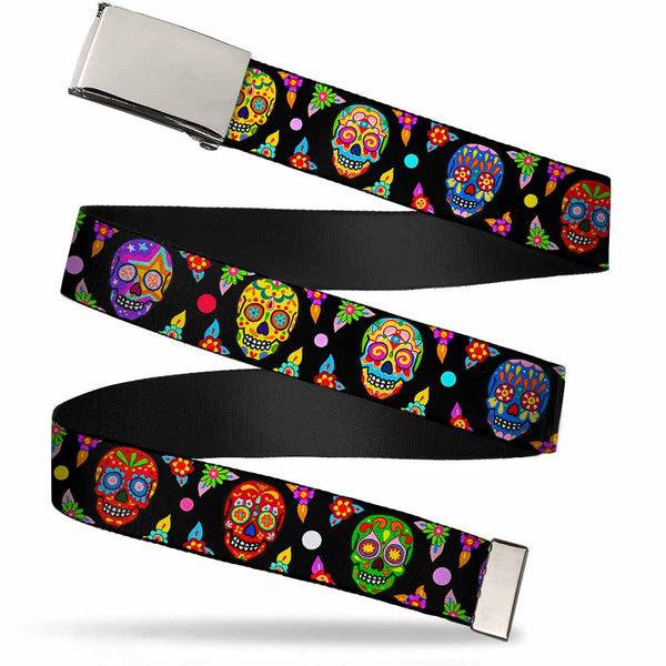 Buckle-Down Chrome Buckle Web Belt - Colorful Calaveras Black/Multi Color Webbing