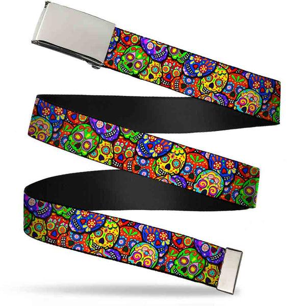 Buckle-Down Chrome Buckle Web Belt - Colorful Calaveras Stacked Multi Color Webbing
