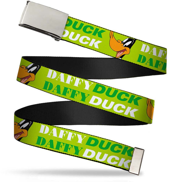 Buckle-Down Chrome Buckle Web Belt - DAFFY DUCK w/Face CLOSE-UP Greens Webbing