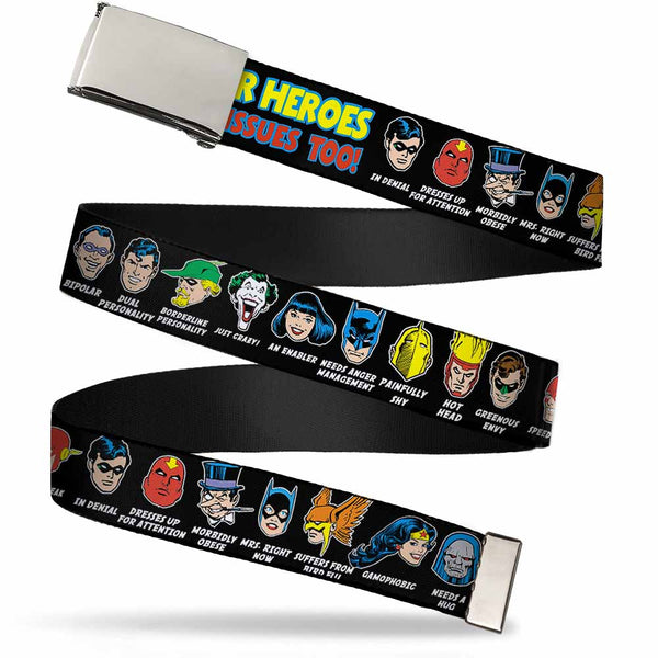 Buckle-Down Chrome Buckle Web Belt - DC Originals SUPER HEROES HAVE ISSUES TOO Faces/Issues Black Webbing