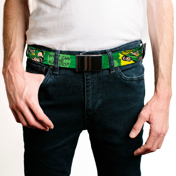 Buckle-Down Chrome Buckle Web Belt - GREEN ARROW Poses WHAT CAN ONE MAN DO? Greens/Black Webbing