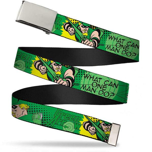 Buckle-Down Chrome Buckle Web Belt - GREEN ARROW Poses WHAT CAN ONE MAN DO? Greens/Black Webbing