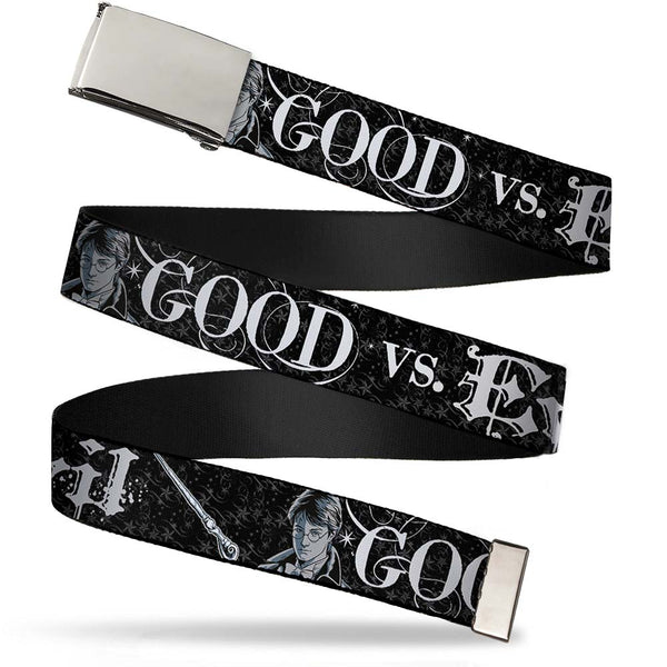 Buckle-Down Chrome Buckle Web Belt - Harry Potter GOOD VS. EVIL Black/White Webbing