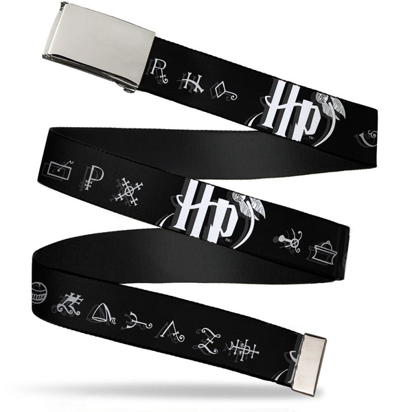 Buckle-Down Chrome Buckle Web Belt - Harry Potter Logo/Symbology Black/White Webbing