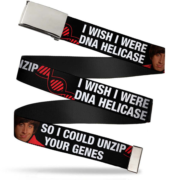 Buckle-Down Chrome Buckle Web Belt - Howard/Double Helix I WISH I WERE DNA HELICASE Black/White/Red Webbing