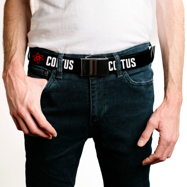 Buckle-Down Chrome Buckle Web Belt - I "ATOM" COITUS Black/White/Red Webbing