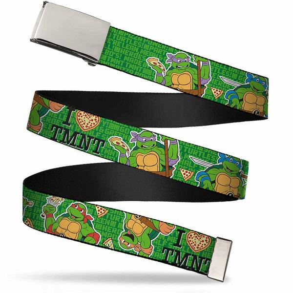 Buckle-Down Chrome Buckle Web Belt - I "HEART" TMNT/Classic Turtles & Pizza Green Webbing