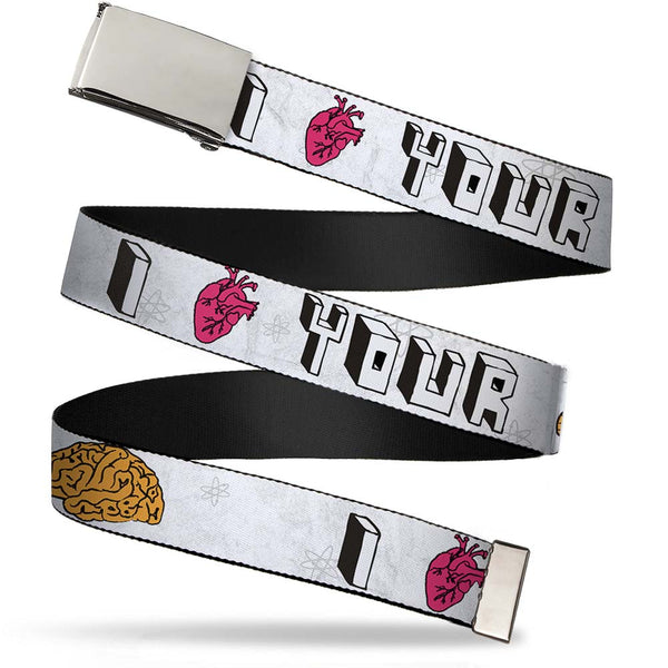 Buckle-Down Chrome Buckle Web Belt - I "HEART" YOUR "BRAIN" Sketch Webbing