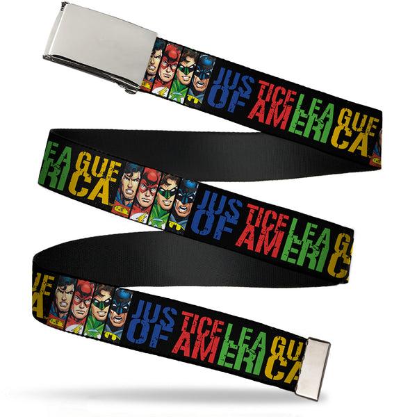 Buckle-Down Chrome Buckle Web Belt - JUSTICE LEAGUE OF AMERICA w/Superhero Blocks Black/Multi Color Webbing