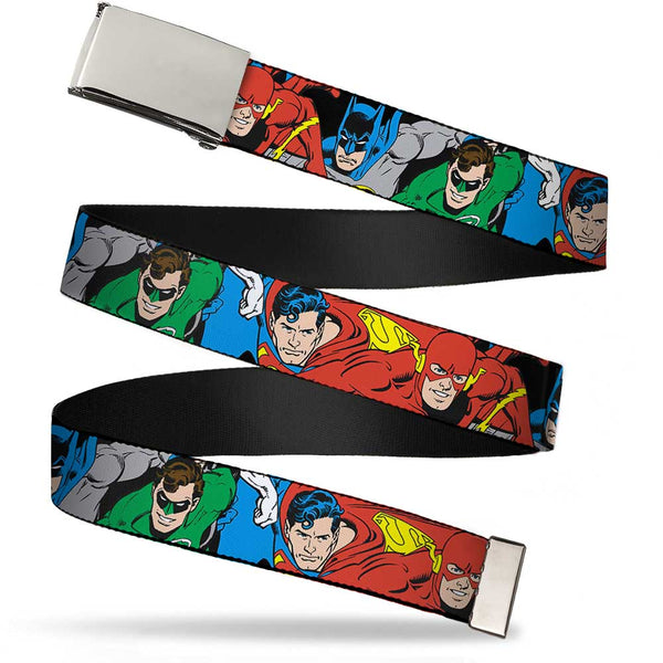 Buckle-Down Chrome Buckle Web Belt - Justice League Superheroes CLOSE-UP New Webbing