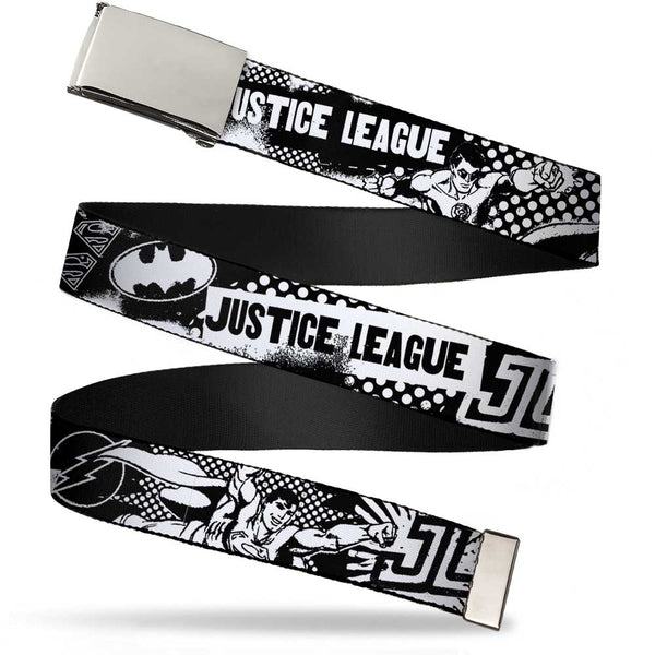 Buckle-Down Chrome Buckle Web Belt - JUSTICE LEAGUE Superheroes Retro Pop White/Black Webbing