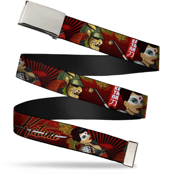 Buckle-Down Chrome Buckle Web Belt - KATANA Poses & Samurai Dragons/Rays Reds/Black Webbing