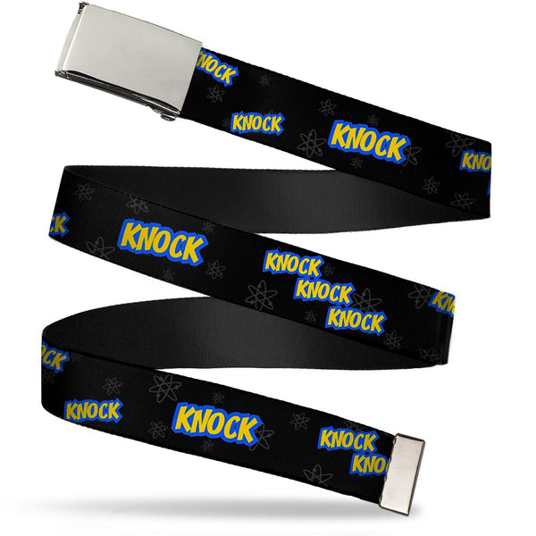 Buckle-Down Chrome Buckle Web Belt - KNOCK KNOCK KNOCK/Atoms Black/Gray/Blue/Yellow Webbing