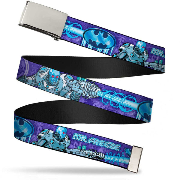 Buckle-Down Chrome Buckle Web Belt - MR. FREEZE Poses/Frozen Batman Shield Purples/Blues Webbing