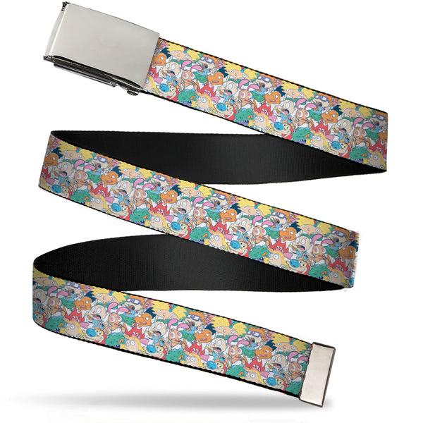 Buckle-Down Chrome Buckle Web Belt - Nick 90's Rewind 8-Character Mash Up Collage White Webbing