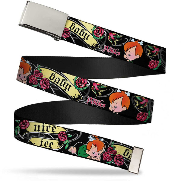Buckle-Down Chrome Buckle Web Belt - Pebbles Face/Pose Tattoo Banners NICE ICE BABY Webbing