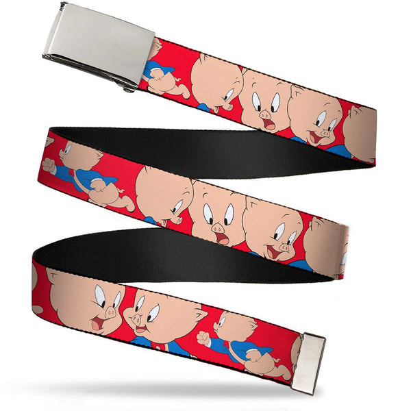 Buckle-Down Chrome Buckle Web Belt - Porky Pig Expressions Red Webbing