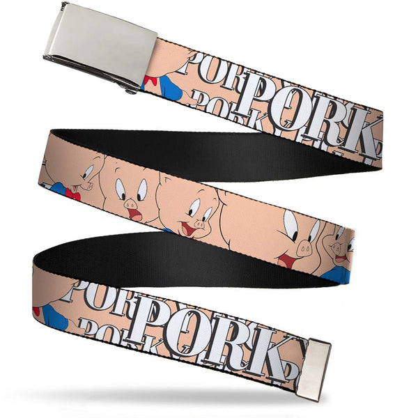 Buckle-Down Chrome Buckle Web Belt - PORKY PIG w/Poses Pink Webbing